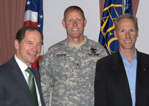 Together at the April meeting are (l-r) Spencer Bauer, chapter president; guest speaker Brig. Gen. Timothy R. Coffin, USA, deputy commander, Joint Functional Component Command for Space; and Steve Staso, chapter vice president for communications.